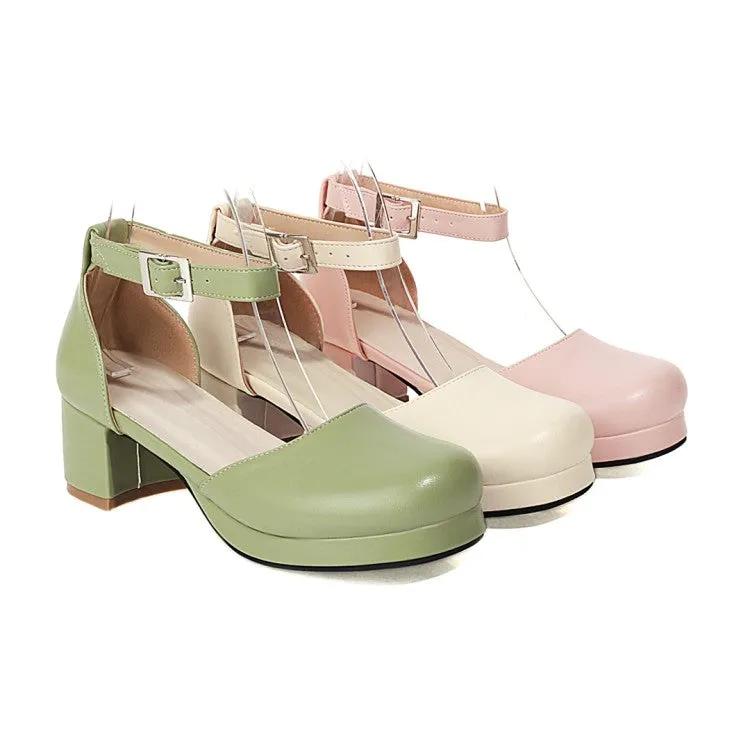 Women's Solid Color Round Toe Hollow Out Ankle Strap Low Block Heels Sandals