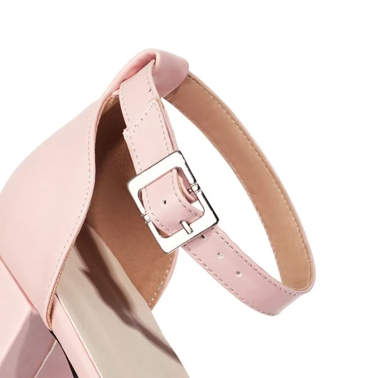 Women's Solid Color Round Toe Hollow Out Ankle Strap Low Block Heels Sandals