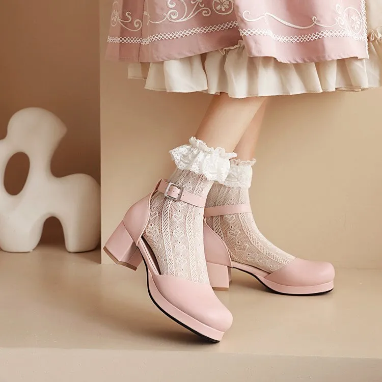 Women's Solid Color Round Toe Hollow Out Ankle Strap Low Block Heels Sandals