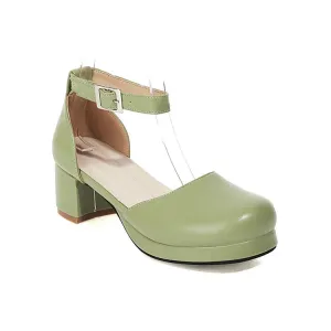 Women's Solid Color Round Toe Hollow Out Ankle Strap Low Block Heels Sandals