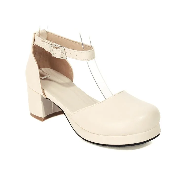 Women's Solid Color Round Toe Hollow Out Ankle Strap Low Block Heels Sandals