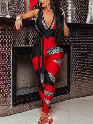 Women's V Neck Bandage Design Red/Black Jumpsuit