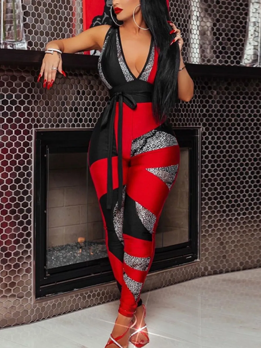 Women's V Neck Bandage Design Red/Black Jumpsuit