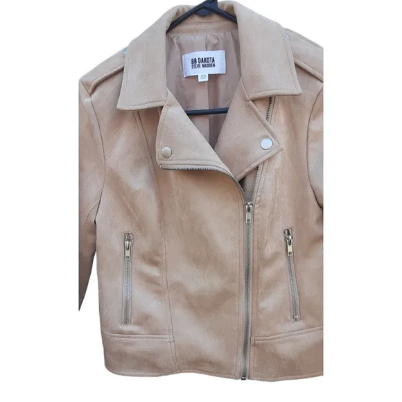 Women's XS Steve Madden BB Dakota Faux Suede Moto Jacket Vegan Camel New w/Tags