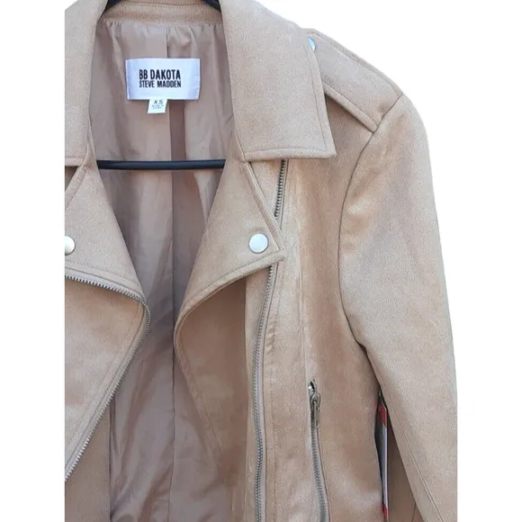 Women's XS Steve Madden BB Dakota Faux Suede Moto Jacket Vegan Camel New w/Tags