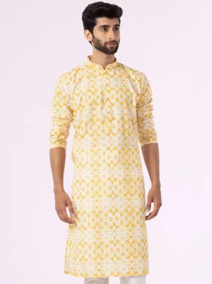Yellow & White Printed Cotton Blend Kurta | The Kurta Company