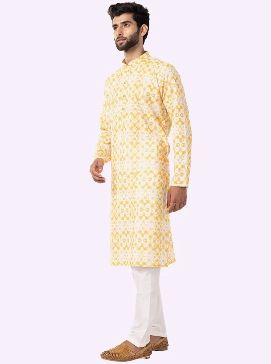 Yellow & White Printed Cotton Blend Kurta | The Kurta Company
