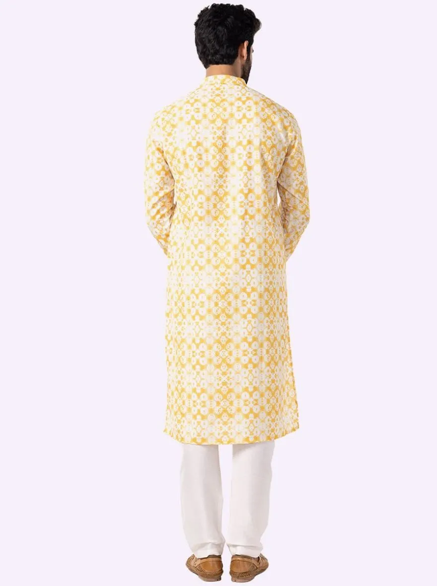 Yellow & White Printed Cotton Blend Kurta | The Kurta Company