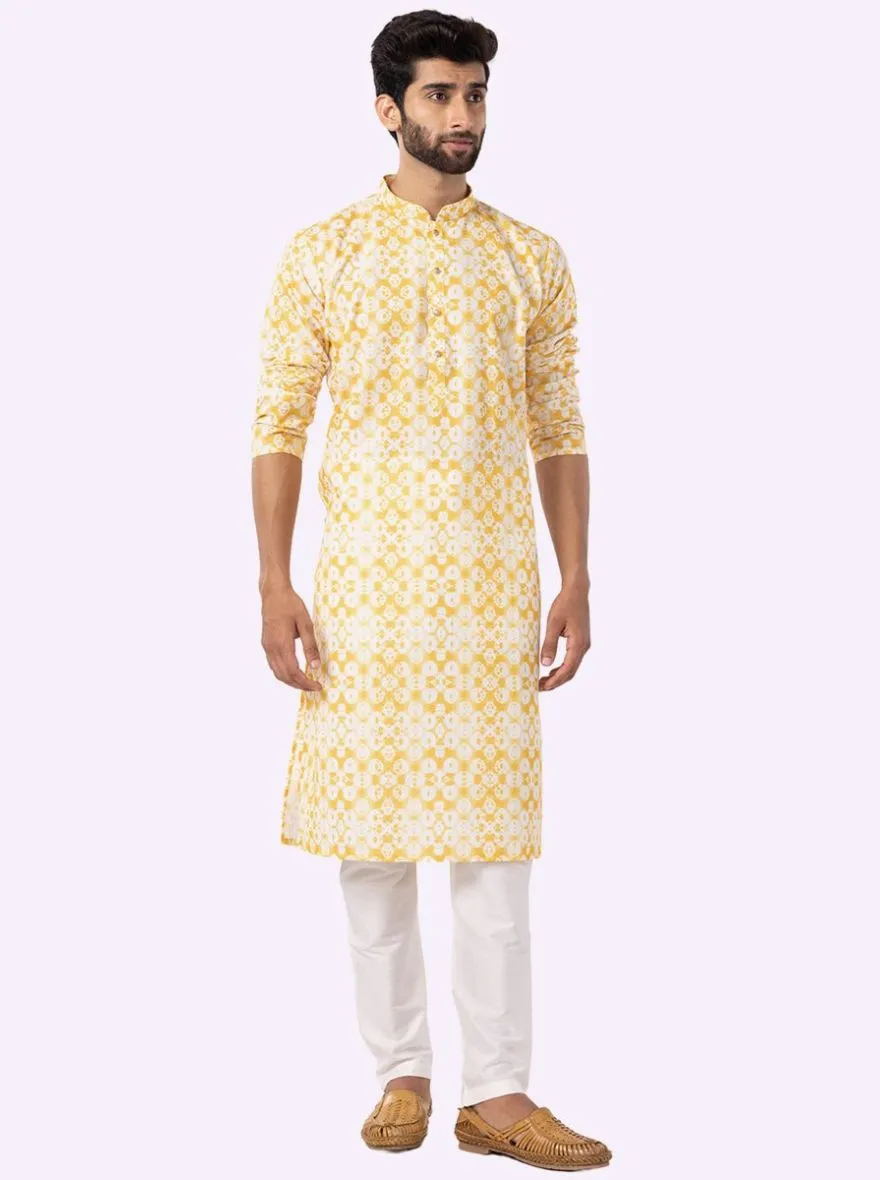 Yellow & White Printed Cotton Blend Kurta | The Kurta Company