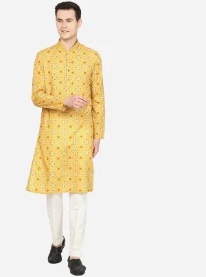 Yellow Printed Cotton Blend Kurta | The Kurta Company