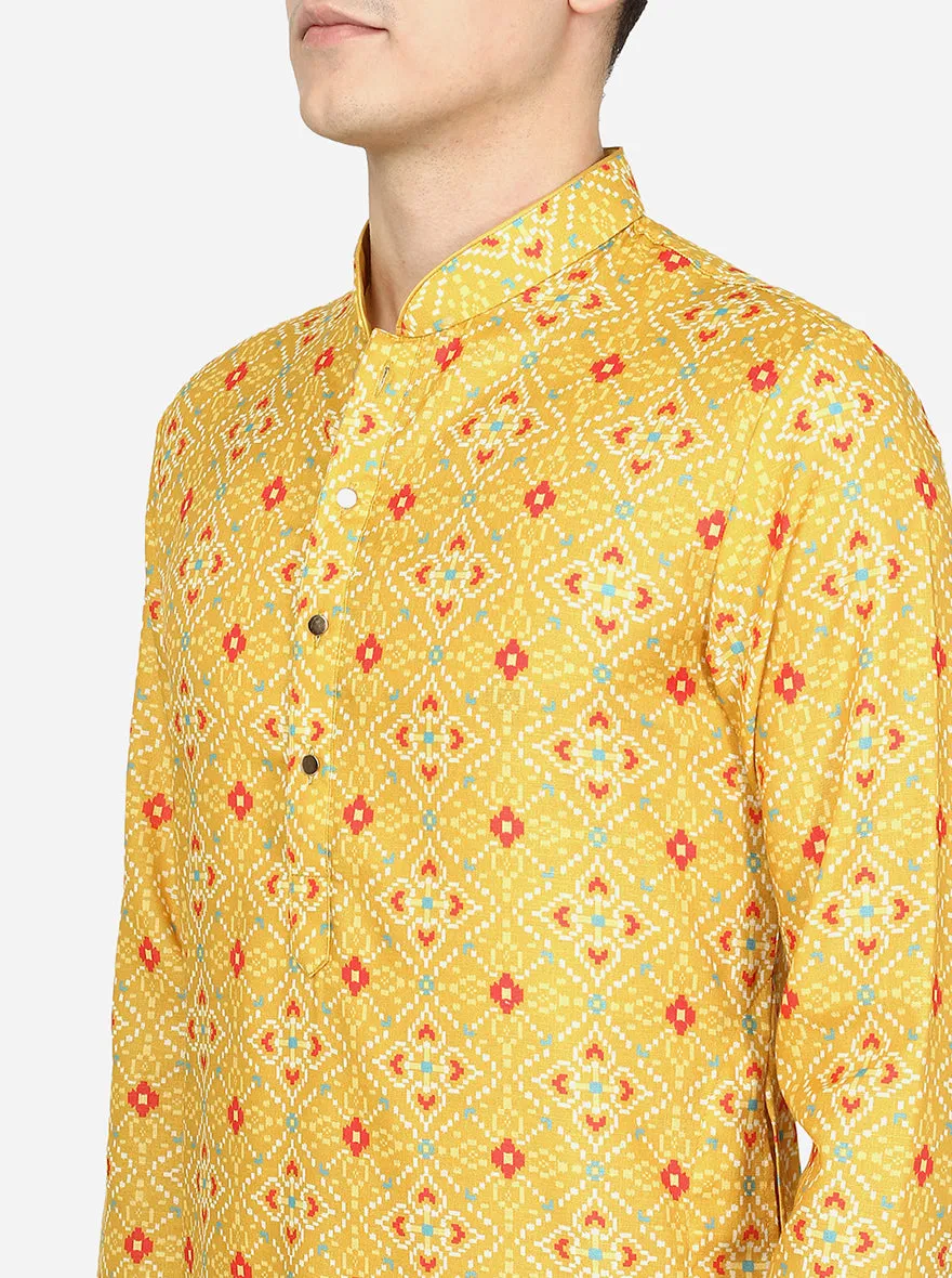 Yellow Printed Cotton Blend Kurta | The Kurta Company