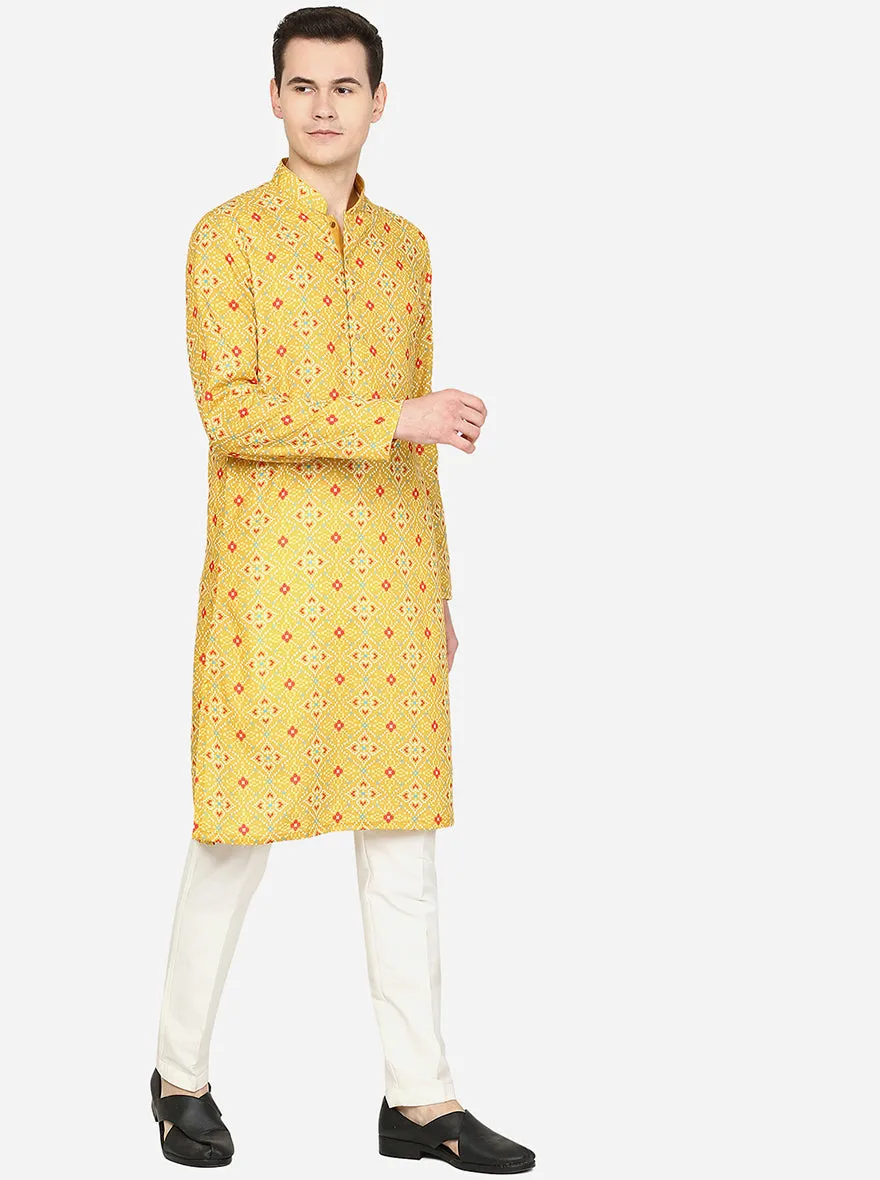 Yellow Printed Cotton Blend Kurta | The Kurta Company