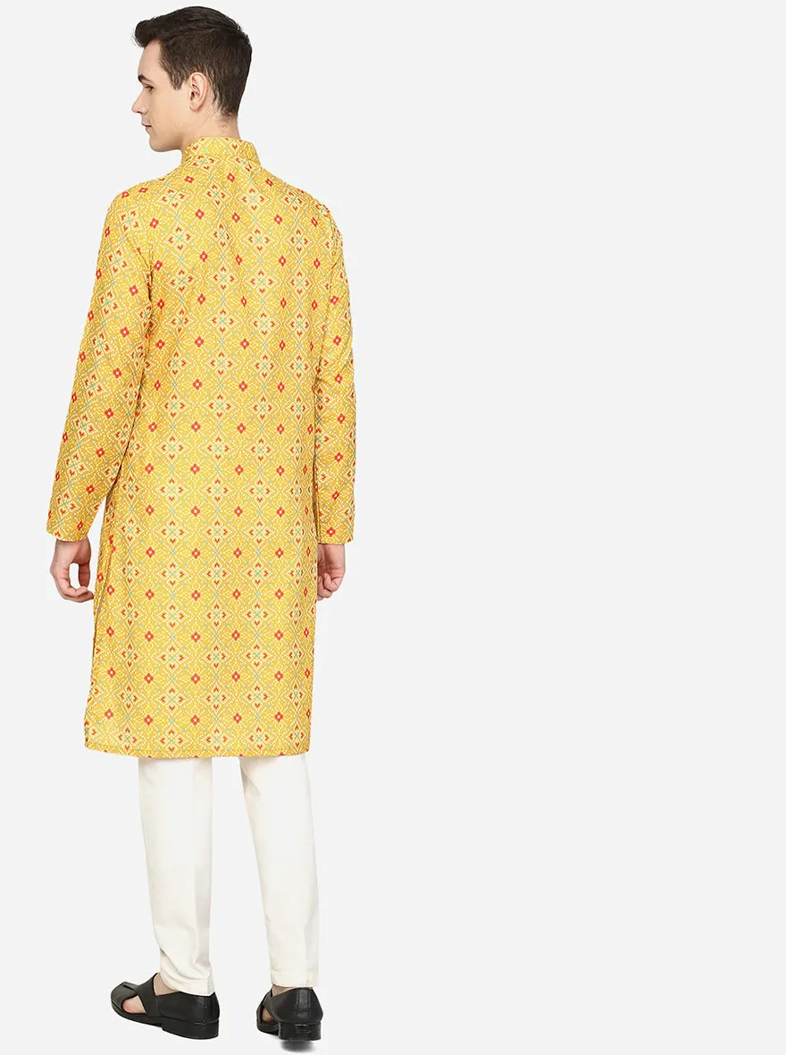 Yellow Printed Cotton Blend Kurta | The Kurta Company