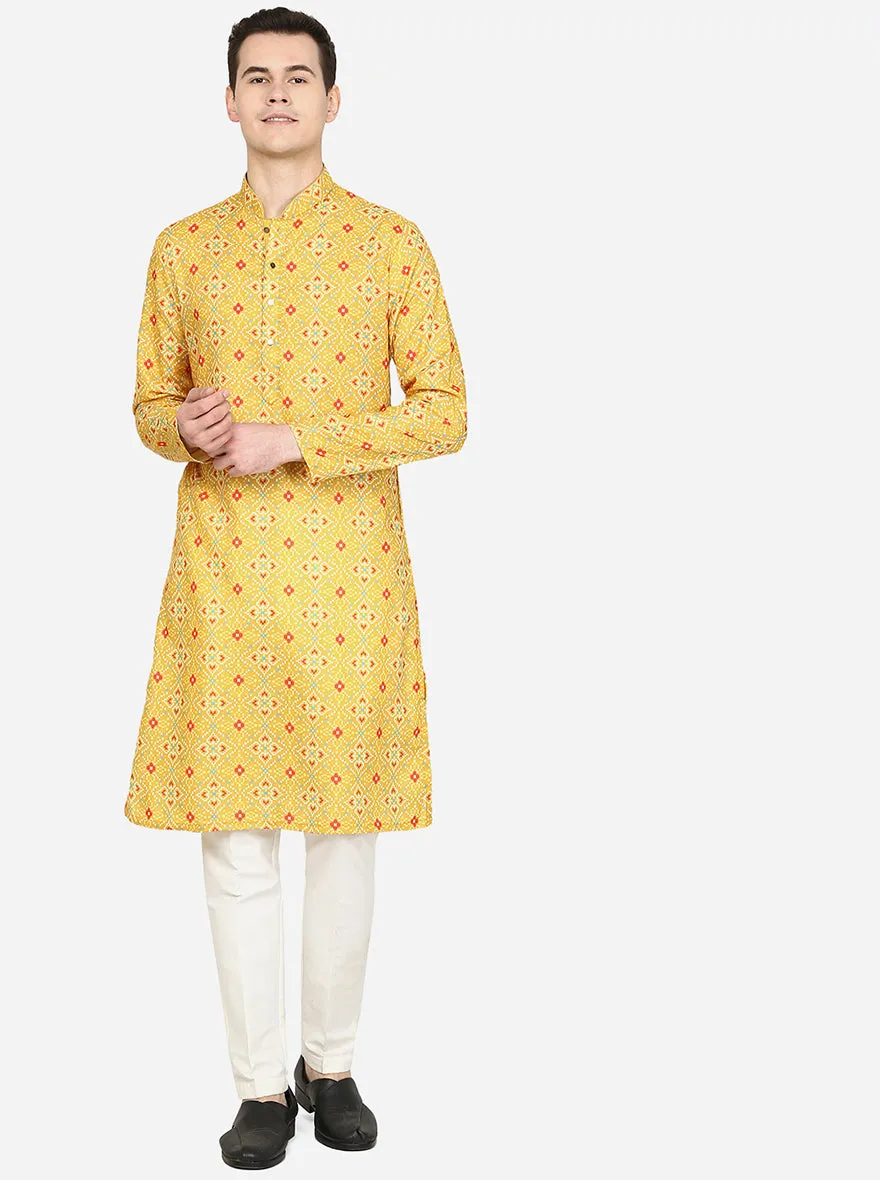 Yellow Printed Cotton Blend Kurta | The Kurta Company