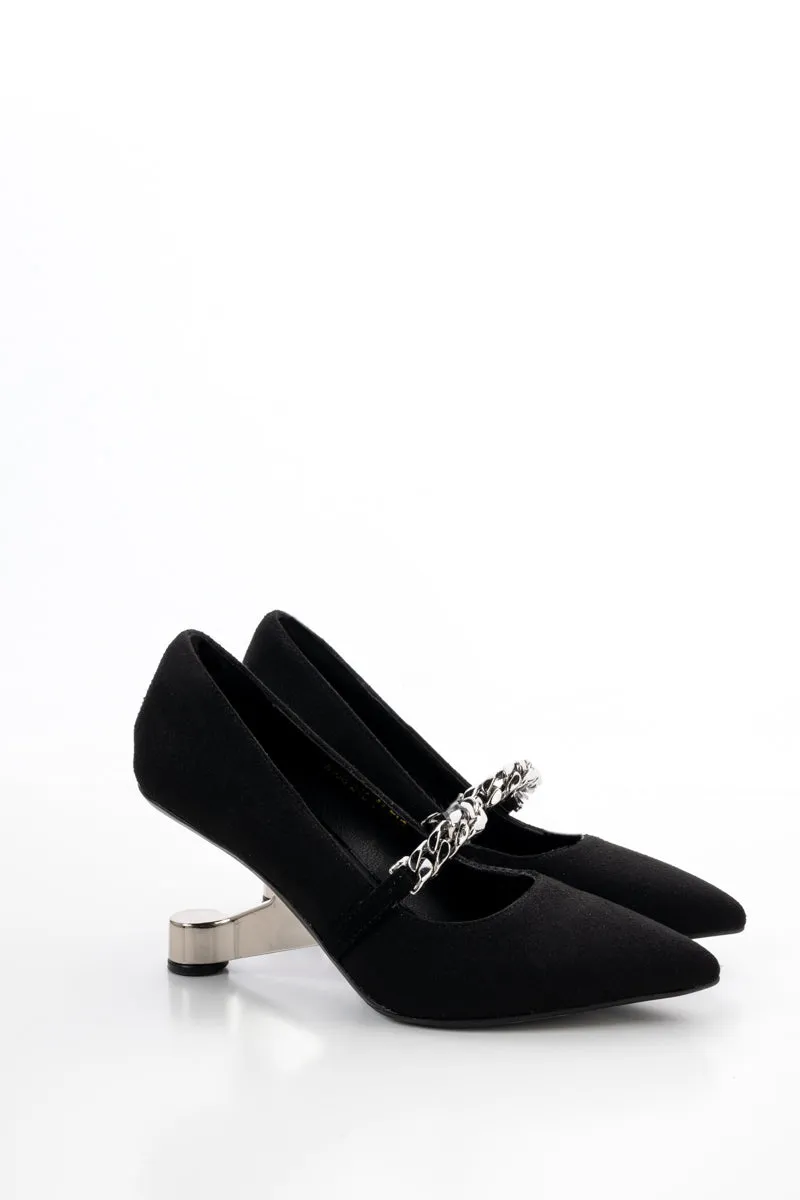 Yesenia Metal Chain Suede Stilettos - Black