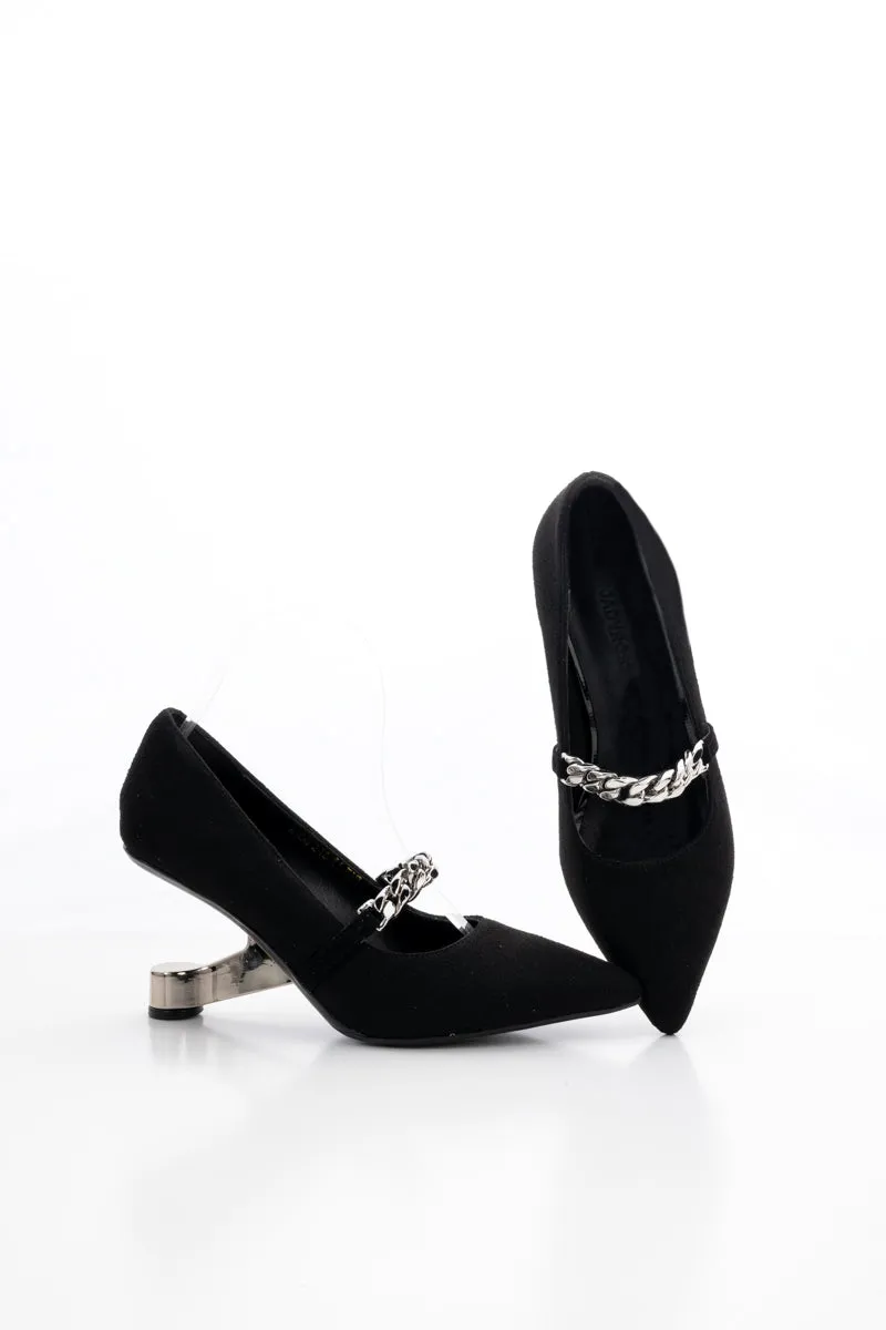 Yesenia Metal Chain Suede Stilettos - Black