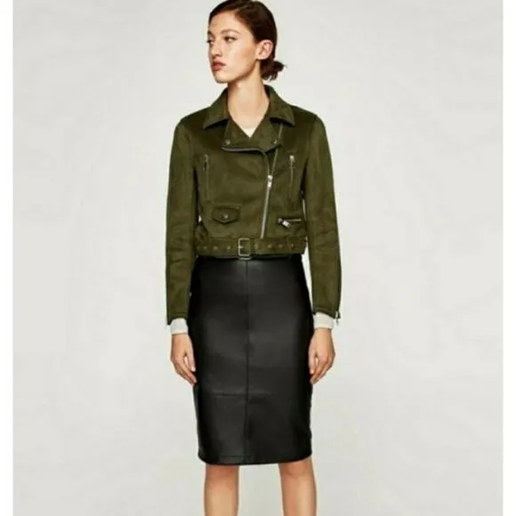 ZARA Outwear Olive Green Faux Suede Belted Moto Biker Jacket Women's Size XS