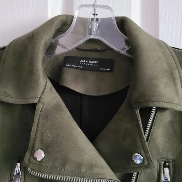 ZARA Outwear Olive Green Faux Suede Belted Moto Biker Jacket Women's Size XS