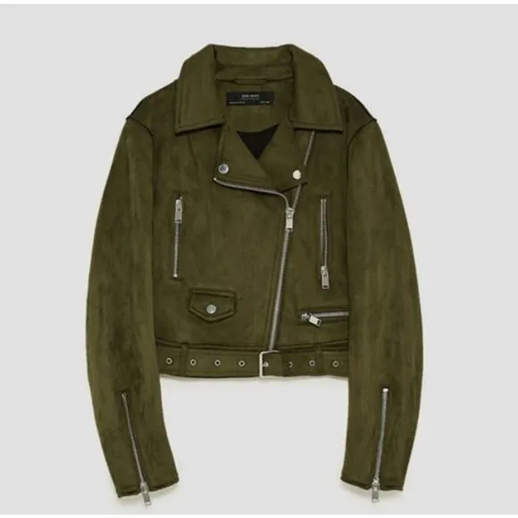 ZARA Outwear Olive Green Faux Suede Belted Moto Biker Jacket Women's Size XS