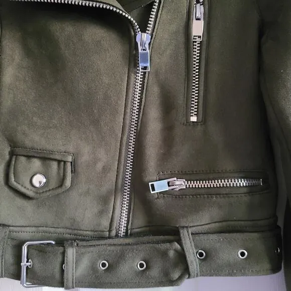 ZARA Outwear Olive Green Faux Suede Belted Moto Biker Jacket Women's Size XS
