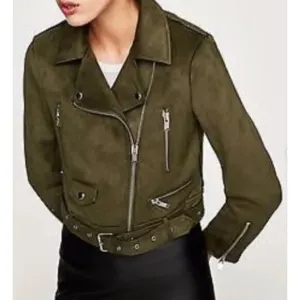 ZARA Outwear Olive Green Faux Suede Belted Moto Biker Jacket Women's Size XS