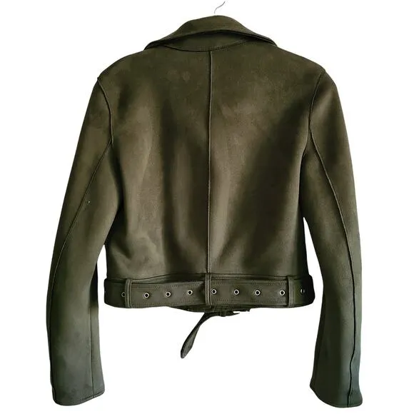 ZARA Outwear Olive Green Faux Suede Belted Moto Biker Jacket Women's Size XS